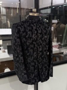 Men's <b>Black</b> Sherwani With <b>Feather</b> Pattern Regular Fit Traditional Wedding Attire India Pakistan Style - Product Image 2