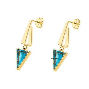 Pendientes de aro finos triangulares personalizados de 12x12mm, piedras preciosas turquesas de cobre azul, Plata de Ley elegante, boda de moda 925 - Product Image 2
