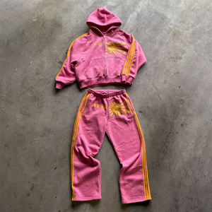 Sweat à capuche zippé à rayures vintage personnalisé et pantalon de survêtement évasé ensemble baggy en coton éponge français surdimensionné délavé à l'acide survêtement pour hommes - Product Image 5