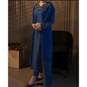 Robe longue bleu roi faite à la main, silhouette droite élégante pour soirée formelle, style pakistanais Merram - Tailles XS à XL - Product Image 1