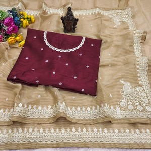 Sari de Diseño VASTRA COTTAGE, Tela con Forro Suave y Estampado, con Bordado Elegante, Lentejuelas y Trabajo Butti, con Blusa de Seda Suave en Contraste - Product Image 3