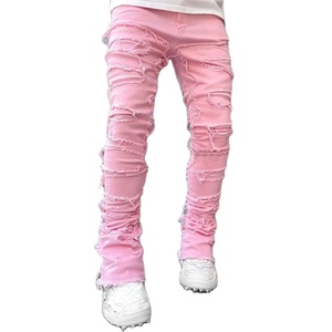 Nueva moda Jeans elásticos Hombre Jeans apilados Cintura elástica Ajuste recto Patchwork Denim Pantalones largos Fringe Ripped Jeans para hombres - Product Image 6