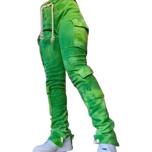 OEM personnalisé taille haute hommes décontracté survêtement ensemble jogger coton imprimé coupe brut ourlet bord sweat à capuche pantalons de survêtement empilés conception évasée - Product Image 6