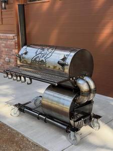 Stainless Steel Offset Smoker <b>Grill</b> with Electronic Ignition Flame Safety Chimney Thermometer and Rolling Cart - Product Image 5