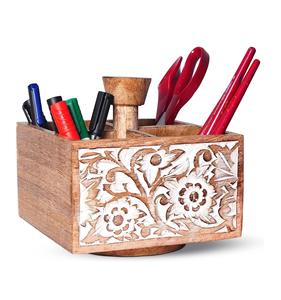 Wooden Spinning Pen Holder (Whitewash) Distressed 4 Section Pencil Holder 3600 Rotating <b>Desk</b> <b>Organizer</b> Art Supplies & Spinning - Product Image 1