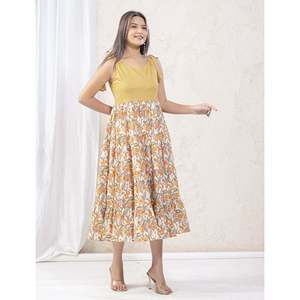 Vestido de algodón estampado Jaal blanco y amarillo con tirantes, diseño personalizado, elegante, casual, largo hasta el suelo, transpirable, ODM para el día a día - Product Image 5