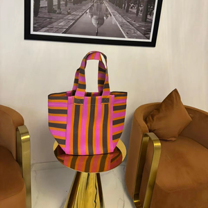 Sac à provisions en nylon réutilisable écologique grand RPET fermeture éclair rayé Handloom tissé sacs de plage en plastique recyclé fabriqué en Inde - Product Image 1