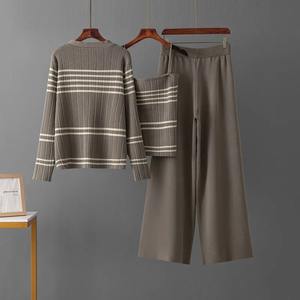 Conjunto de 3 piezas de punto a rayas para mujer, chaleco Sexy, suéter de manga larga, cárdigan, pantalones de cintura elástica, chándal de mujer, traje de punto - Product Image 4
