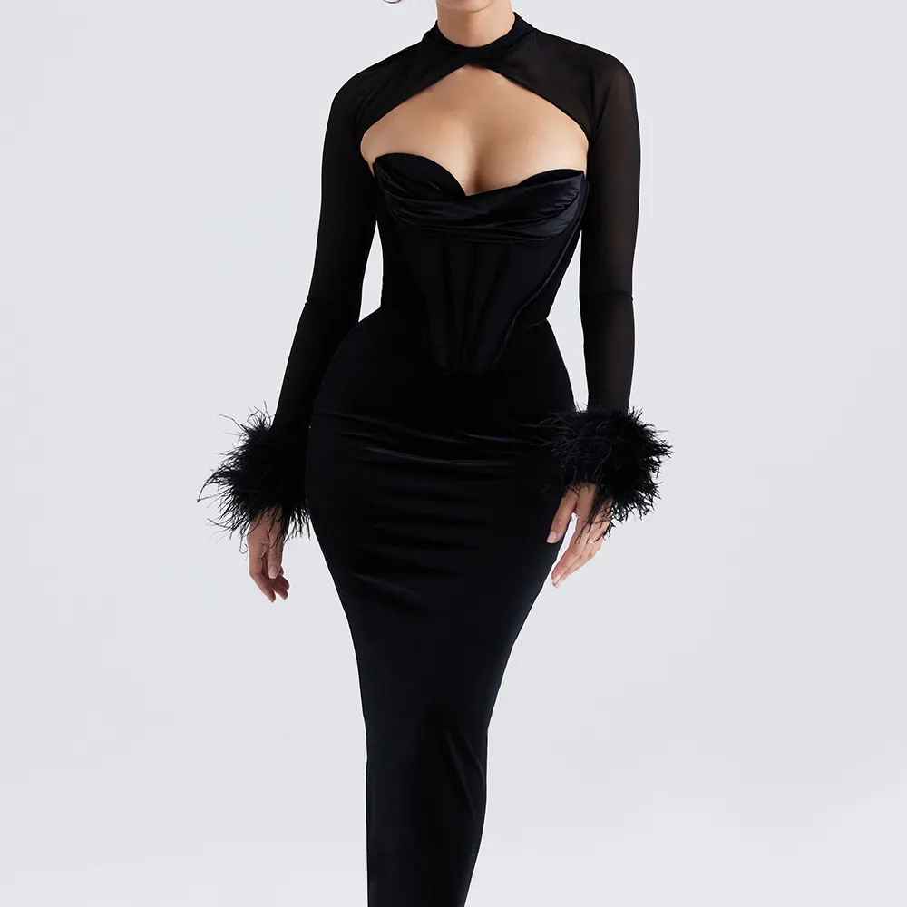 Ocstrade sexy Black Velvet Corset Maxi Dress backless party celebrity dress long sleeve with Feather two piece evening dress