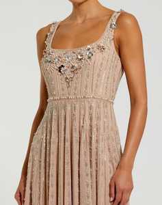 Sleeveless Cap Sleeve All-Over <b>Sequin</b> Beaded Neck Embroidered Party Dress Adults Solid Statement Front Back Pearl Crepe <b>Fabric</b> - Product Image 1