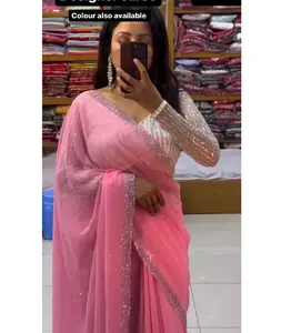 Indian Party Wear Faux Georgette with Hot Fix work and Blouse Beautiful Designer Saree with Thread With Sequnce Fancy Saree