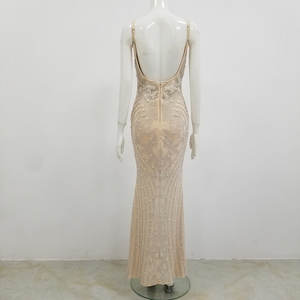 Vestido Maxi de Satén Sexy para Mujer, Estilo Tubo, Cuello en V, Sin Mangas, Espalda Descubierta, con Cuentas, Cintura Natural, Spandex/Poliéster - Product Image 4