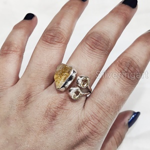 Joyería de piedra en bruto, anillo para mujer, piedra preciosa de citrino en bruto Natural, piedra natal de noviembre, joyería de piedra Triple, anillo de Plata de Ley 925 - Product Image 1
