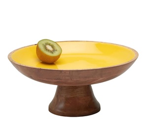 Frutero con acabado pulido natural de madera de acacia impreso hecho a mano, frutero decorativo de la India. - Product Image 1