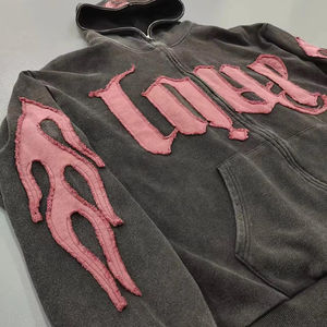 Sudadera Corta Unisex de Lujo 2025, Personalizada, Lavada al Ácido, Estilo Desgastado, de Algodón, con Parches Bordados, Sin Cordones - Product Image 1