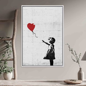 Banksy Girl with Heart <b>Balloon</b> Printed Canvas - Urban Art Decor,WHITE FRAMED CANVAS - Product Image 1