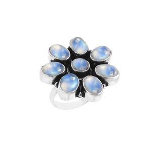 Rainbow Moonstone Flower Ring Handmade 925 Sterling Silver Statement Jewelry For <b>Women</b> Artisan Ring Wholesale Supplier - Product Image 2