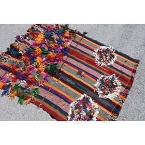 Alfombra de lana beige ecléctica de 4,2x4,6 pies tejido plano Jacquard turco con patrón de retazos para pasillo o dormitorio con respaldo de látex - Product Image 4