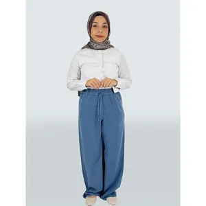 For for Crepe Fabric Wide Leg Trousers <b>High</b> Waist Relaxed Fit with Drawstring Breathable Design Pocket Detail - Product Image 1