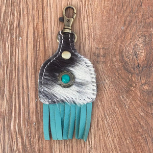 พวงกุญแจหนังแท้สไตล์ตะวันตกใหม่ทำจากหนังสีเทอร์ควอยซ์ - Product Image 2