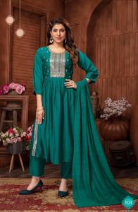 Lo último en ropa festiva de seda romana Kurti bordado trabajo Naira corte secuencia trabajo Dupatta incluyendo pantalón-ropa paquistaní India - Product Image 2