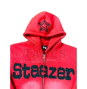 Sweat à capuche zippé épais pour homme 450 GSM, coupe courte, effet délavé vintage, broderie usée - Product Image 3