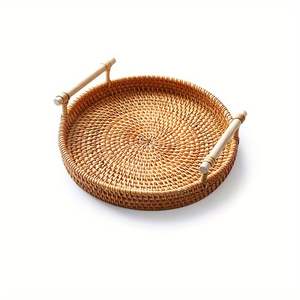 Bandeja de mimbre de bambú hecha a mano, bandeja de mimbre con asa tejida, bandejas de corte de alimentos de pared alta redondas hechas a mano, multiusos - Product Image 2