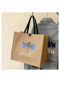 Sac fourre-tout en jute naturel imprimé Libellule respirante avec texte inspirant, rustique, écologique, réutilisable, pour le shopping - Product Image 2