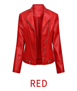 White PU <b>Leather</b> Women's Reversible Biker <b>Jacket</b> Polyester Wadding Solid Zipper Front Waterproof Windproof for Autumn/<b>Winter</b> - Product Image 5