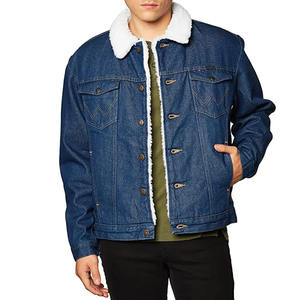 Veste en jean bleu foncé vintage OEM pour hommes Veste en jean tendance avec col en fourrure délavée pour hommes Veste en jean déchirée pour l'extérieur - Product Image 1