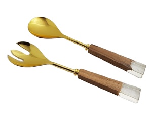 Top Selling Best Quality Wooden Kitchenware <b>Salad</b> <b>Server</b> Resin Wood & Stainless Steel with Golden Plating <b>Salad</b> <b>Server</b> - Product Image 1