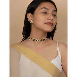 Conjunto de Joyería Fina MR-S621GR Chapado en Oro Color Verde, Collar y Aretes Mishr, Hecho en India - Product Image 3