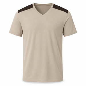 T-shirt en coton personnalisé à col en V avec empiècements marron foncé aux épaules, vêtements décontractés à manches courtes pour hommes, vente en gros - Product Image 1