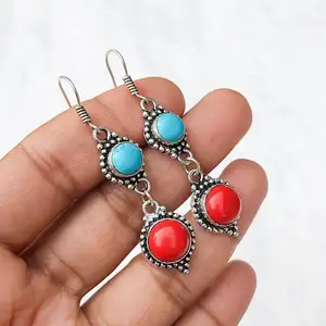 925 Silver Plated Ear Wire Earrings Handmade Bohho Jewelry Christmas Sale Red Coral And Turquoise Multi Stone Earrings