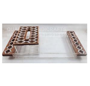 Artisanat de qualité, style arabe, cadeau de Ramadan et d'Eid, plateau en bois d'acacia avec incrustation, boîte à mouchoirs en acrylique, nacre, certifié EPCH - Product Image 1