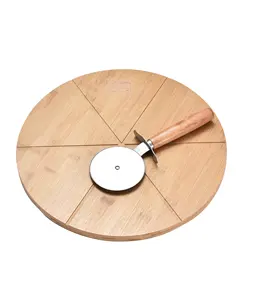 Tabla de cortar redonda de bambú de 13,5 pulgadas con cortador de acero inoxidable-Tabla de cortar de madera para pizza-Tabla de cortar de madera decorativa