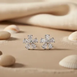 Pendientes de plata con forma de flor para mujer con circonita cúbica, joyería de cristal - Product Image 1