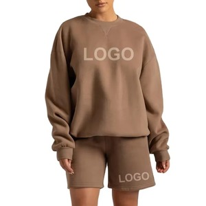 Women's Crew Neck Sweatshirt and Above Knee Shorts Set Solid Knitting Fabric Stylish Two-Piece Casual Wear - Product Image 1