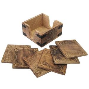 Set Of 2 <b>Round</b> Shape Wooden Coaster With Holder For Kitchenware Dining <b>Table</b> Tea & Coffee Serving <b>Mats</b> & Pads - Product Image 3
