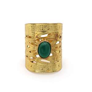 Boho Filigree <b>Ring</b> Bohemian <b>Brass</b> <b>Rings</b> Women 18k Gold Plated Tribal Green Onyx Jewelry - Product Image 1