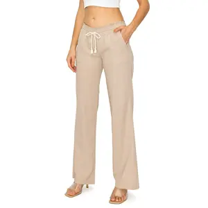 Femmes décontracté solide couleur kaki lin pantalon pantalon personnalisé Oceanside cordon smocké taille salon plage pantalon avec poches - Product Image 2