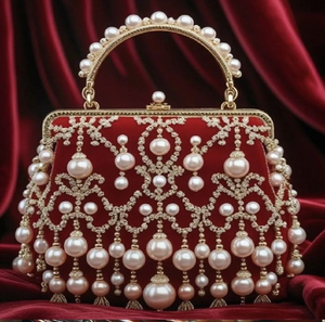 Magnifique sac à main en velours rouge orné de rangées de perles brillantes. Disponible à prix de gros. - Product Image 1