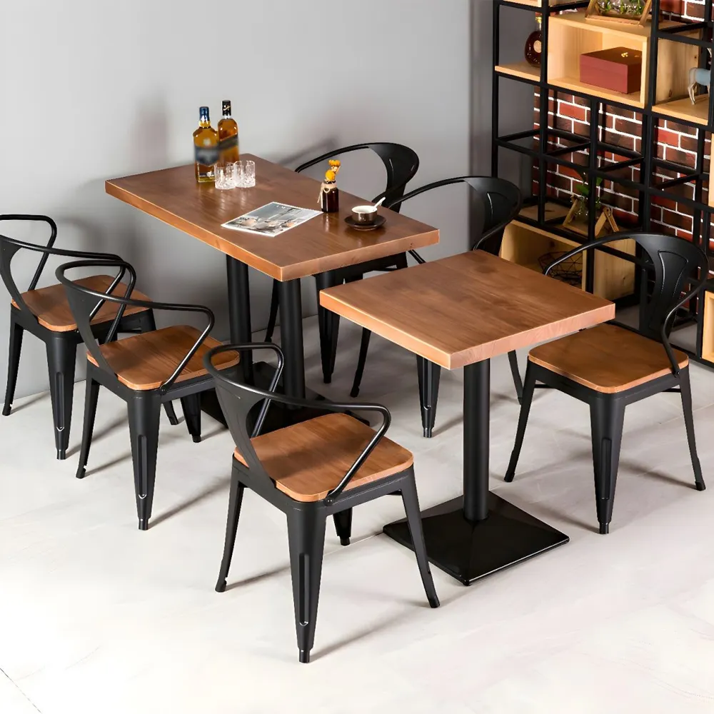 Hot Sale Restaurant Table and Chairs Set Black Metal Pedestal Wood Top Dining Table for Restaurant