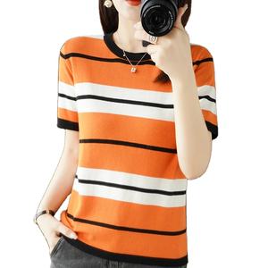 <b>Ladies</b> Summer New <b>Knitted</b> <b>Short</b> <b>Sleeve</b> 100%Pure Cotton Breathable T-shirt Pullover Casual Fashion Bottoming Shirt Women's <b>Top</b> - Product Image 1