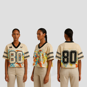 เสื้อเจอร์ซีย์วินเทจสำหรับผู้หญิงขายส่ง เสื้อเจอร์ซีย์ตาข่ายลายกราฟิก คอวี เสื้อยืดฟุตบอลสไตล์วาร์ซิตี้ - Product Image 1