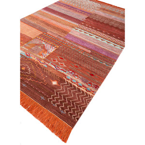 Manchaha Hand Knotted Wool & Bamboo <b>Silk</b> Rugs <b>Red</b> & Orange Patchwork Design for Home Use-Les-2003 - Product Image 1