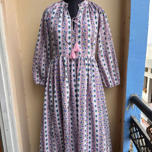 Robe midi bohème en coton imprimée à la main motif floral, collection été 2026, prix usine - Product Image 1