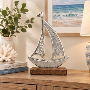 Estatua Metálica de Velero Costero, Decoración de Mesa con Base de Madera, Escultura Decorativa Náutica para el Hogar, Oficina, Sala de Estar - Product Image 2