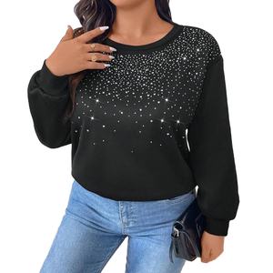 <b>Women's</b> <b>Sparkle</b> Black Fleece Pullover Hooded Printed Rhinestone Embellished Long Sleeve Winter Streetwear Crewneck <b>Top</b> Drop - Product Image 1