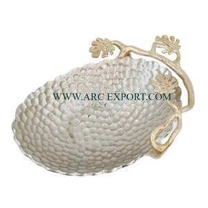 Antique Design Customized Shape and Size Hammered Designing <b>Dessert</b> <b>Bowl</b> With Leaf Shape Handles Metal Grey Color Server <b>Bowl</b> - Product Image 1